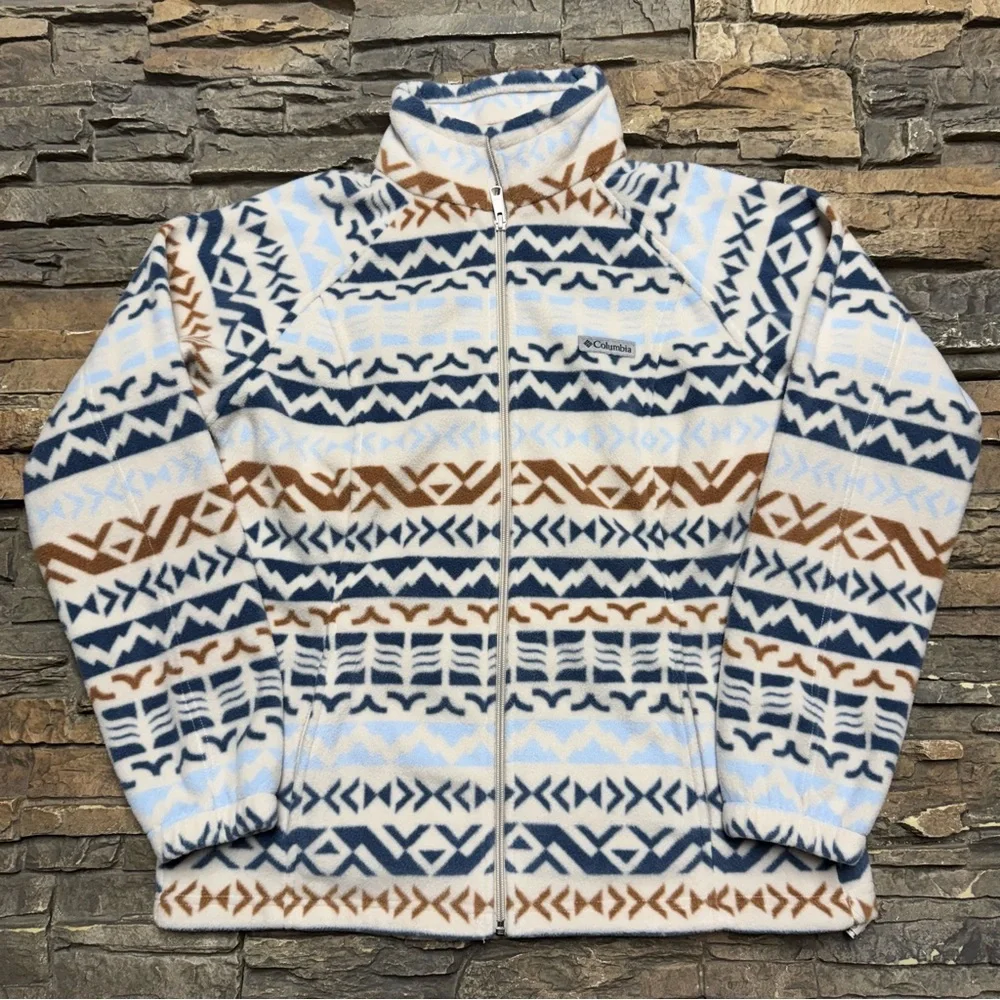 Eddie Bauer Quest Full Zip Fleece Sweater Womens Large White Aztec Jacket Light - Picture 1 of 8